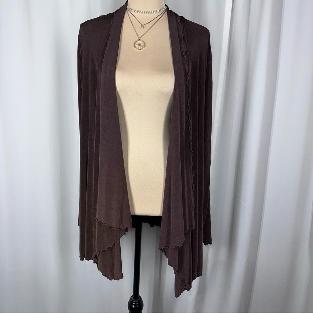 Slinky Brand Lettuce Hem Open Front Cardigan Sz XL Dusty Plum Bohemian *READ‎